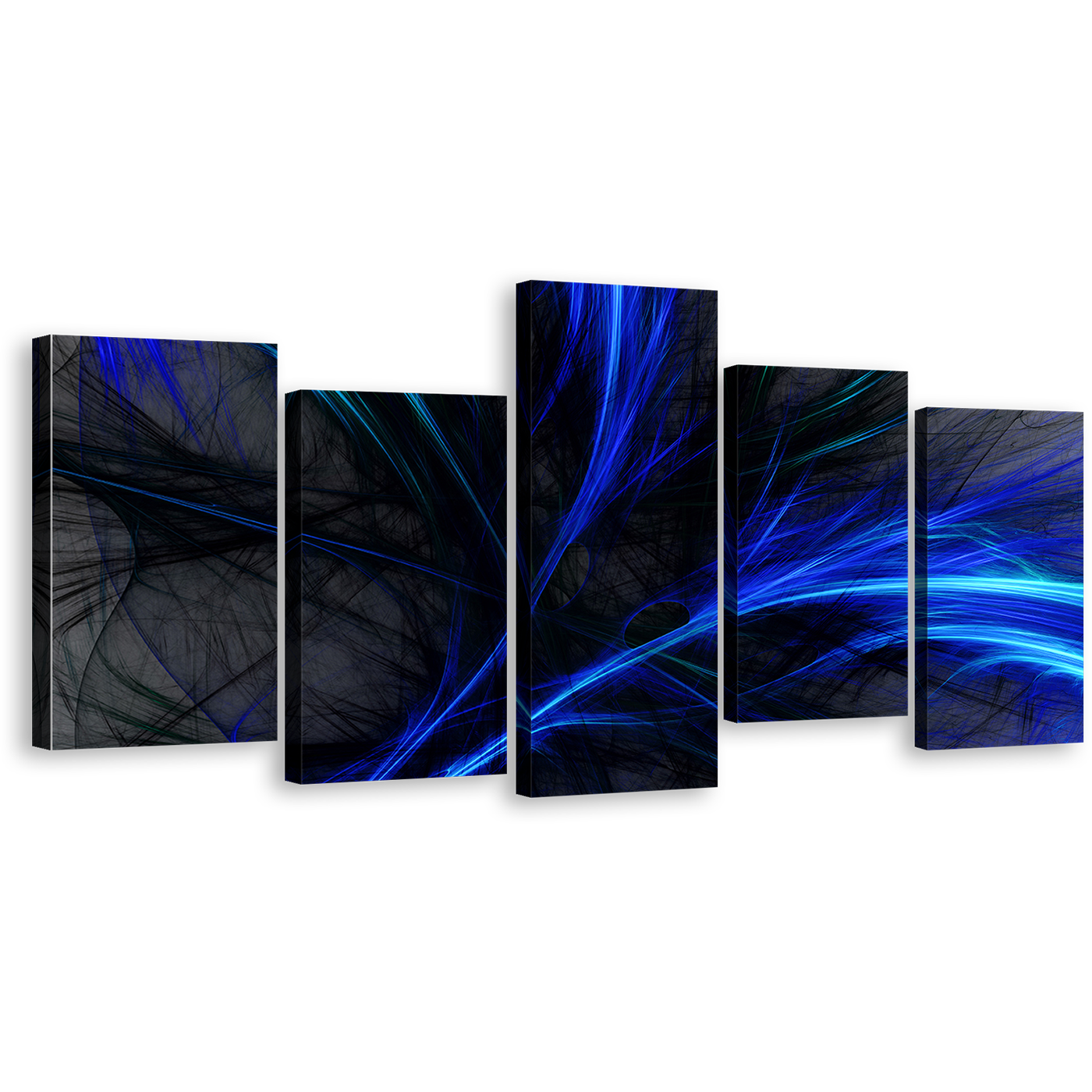 Abstract Graphics Canvas Wall Art, Blue 3D Abstract 5 Piece Multiple Canvas, Black Digital Abstract Fractal Canvas Print