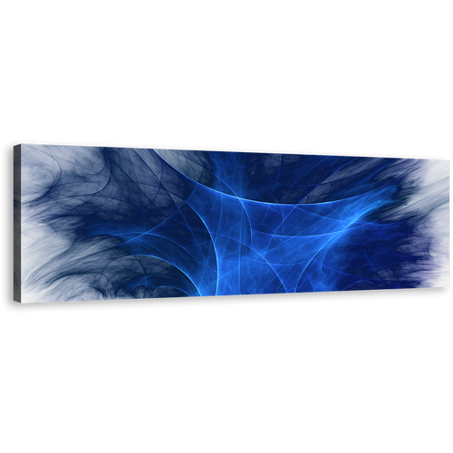 Abstract Graphics Canvas Wall Art, Blue 3D Abstract Fractal Bright Panoramic Canvas, White Digital Abstract Wide Canvas