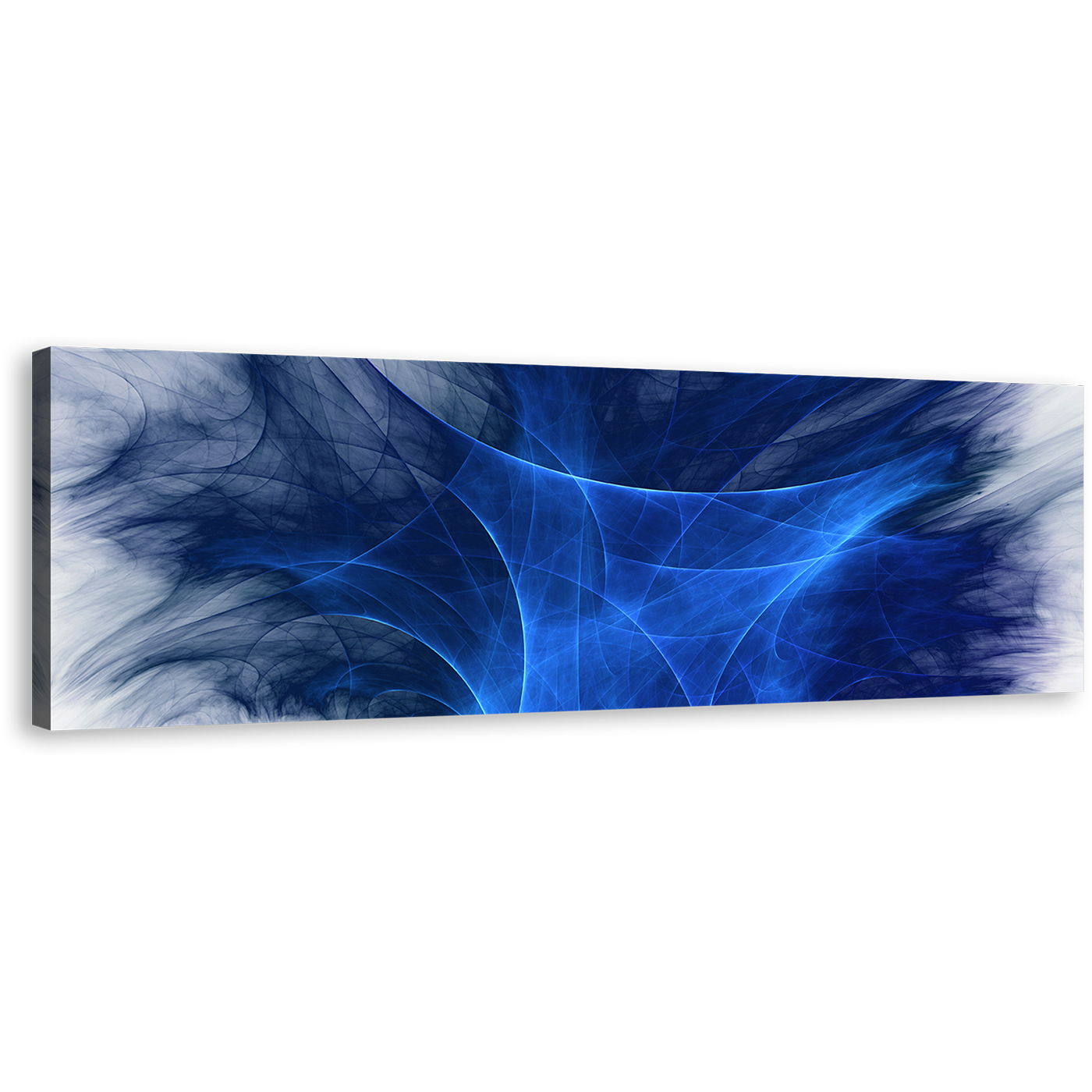 Abstract Graphics Canvas Wall Art, Blue 3D Abstract Fractal Bright Panoramic Canvas, White Digital Abstract Wide Canvas