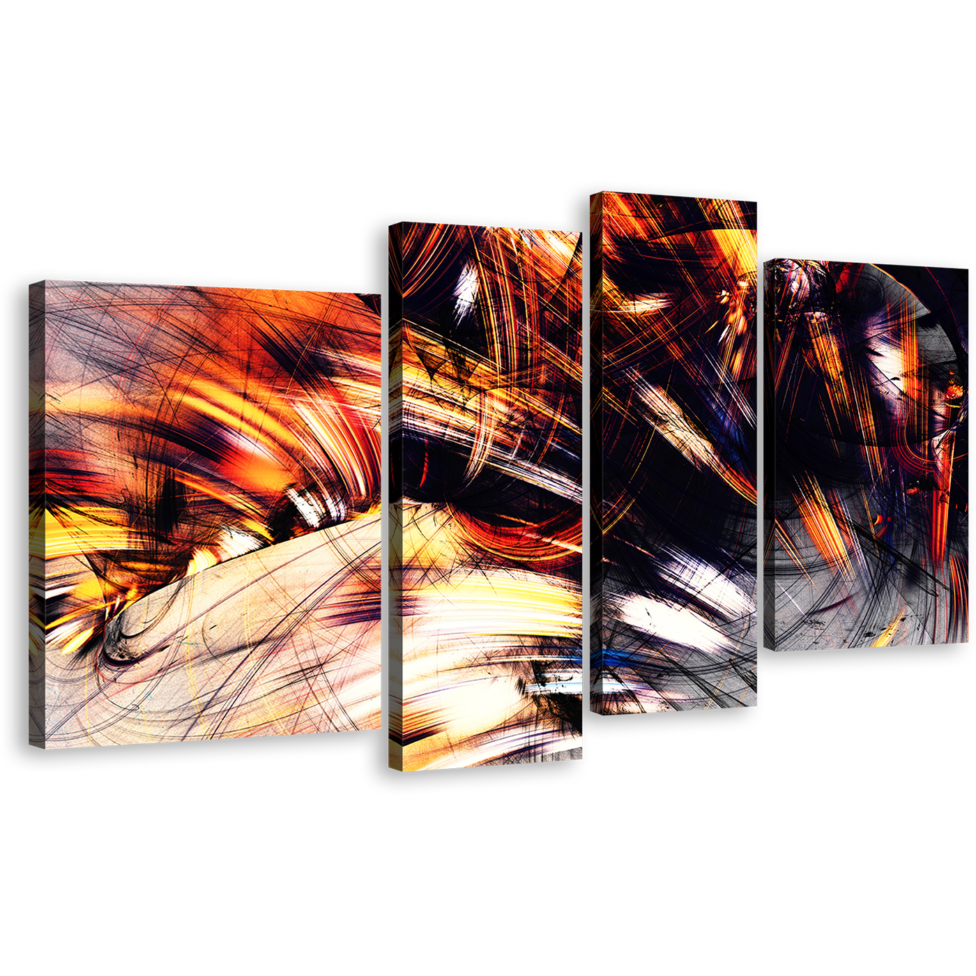 Abstract Illustration Canvas Print, Black Orange Abstract Artistic Graphics 4 Piece Canvas Wall Art, Abstract Rendering Multiple Canvas