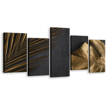 Load image into Gallery viewer, Abstract Leaves Canvas Wall Art, Abstract Elegance Multi Canvas, Abstract Golden Palm 5 Piece Canvas Set
