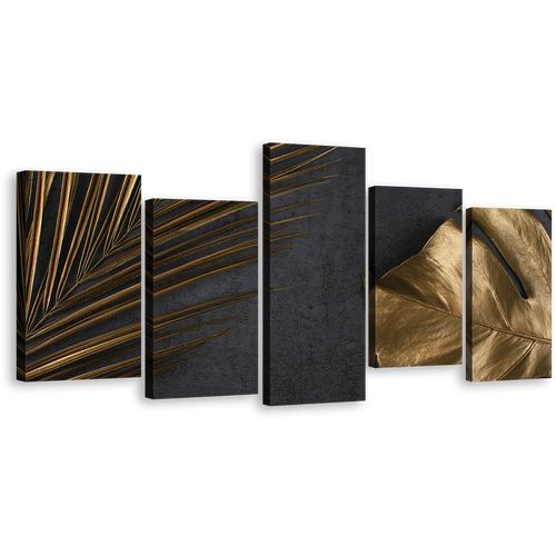 Abstract Leaves Canvas Wall Art, Abstract Elegance Multi Canvas, Abstract Golden Palm 5 Piece Canvas Set