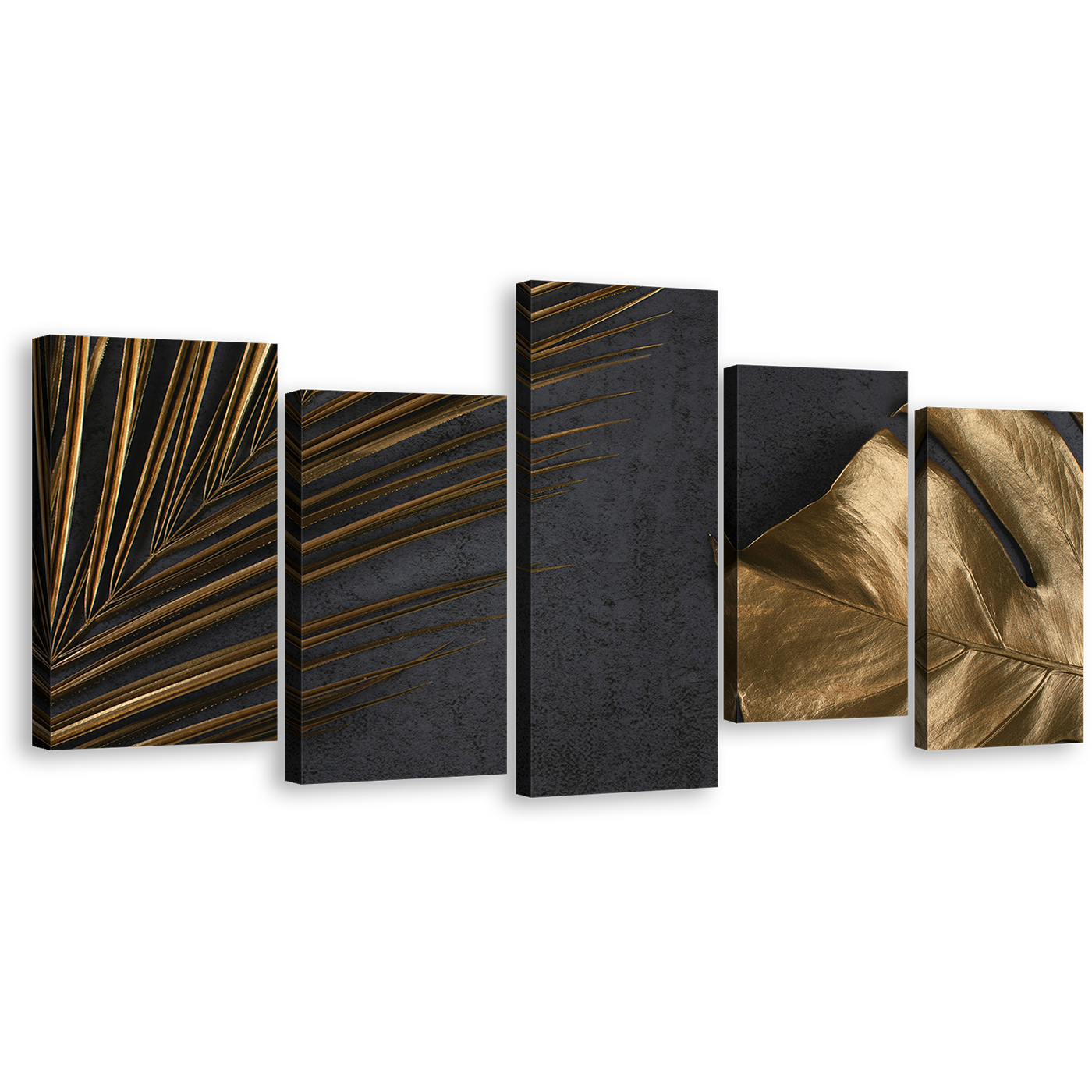 Abstract Leaves Canvas Wall Art, Abstract Elegance Multi Canvas, Abstract Golden Palm 5 Piece Canvas Set