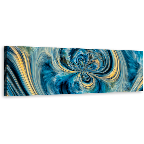 Abstract Liquid Canvas Print, Blue Digital Pour Paint Panoramic Canvas Wall Art, Yellow Contemporary Abstract Wide Canvas