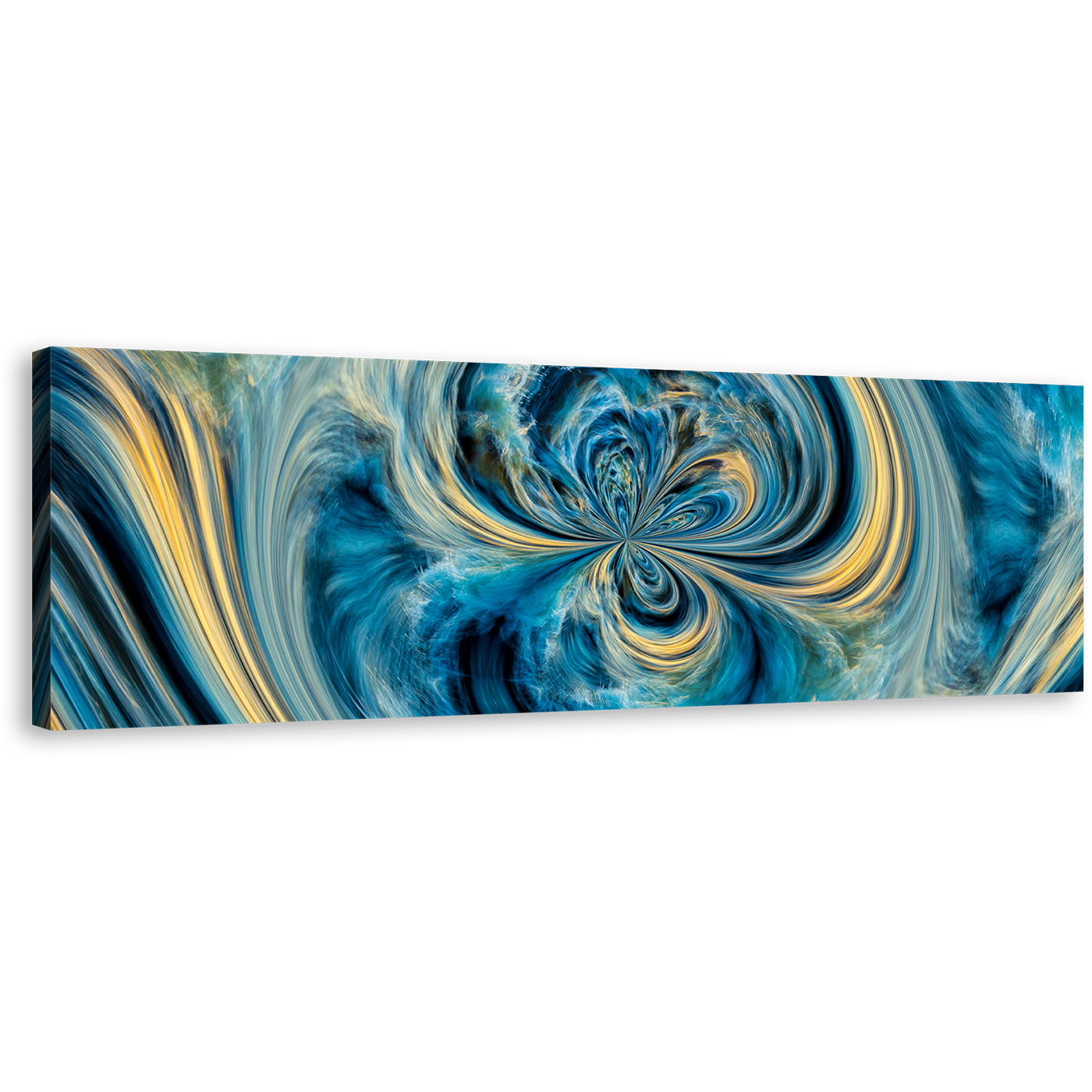 Abstract Liquid Canvas Print, Blue Digital Pour Paint Panoramic Canvas Wall Art, Yellow Contemporary Abstract Wide Canvas