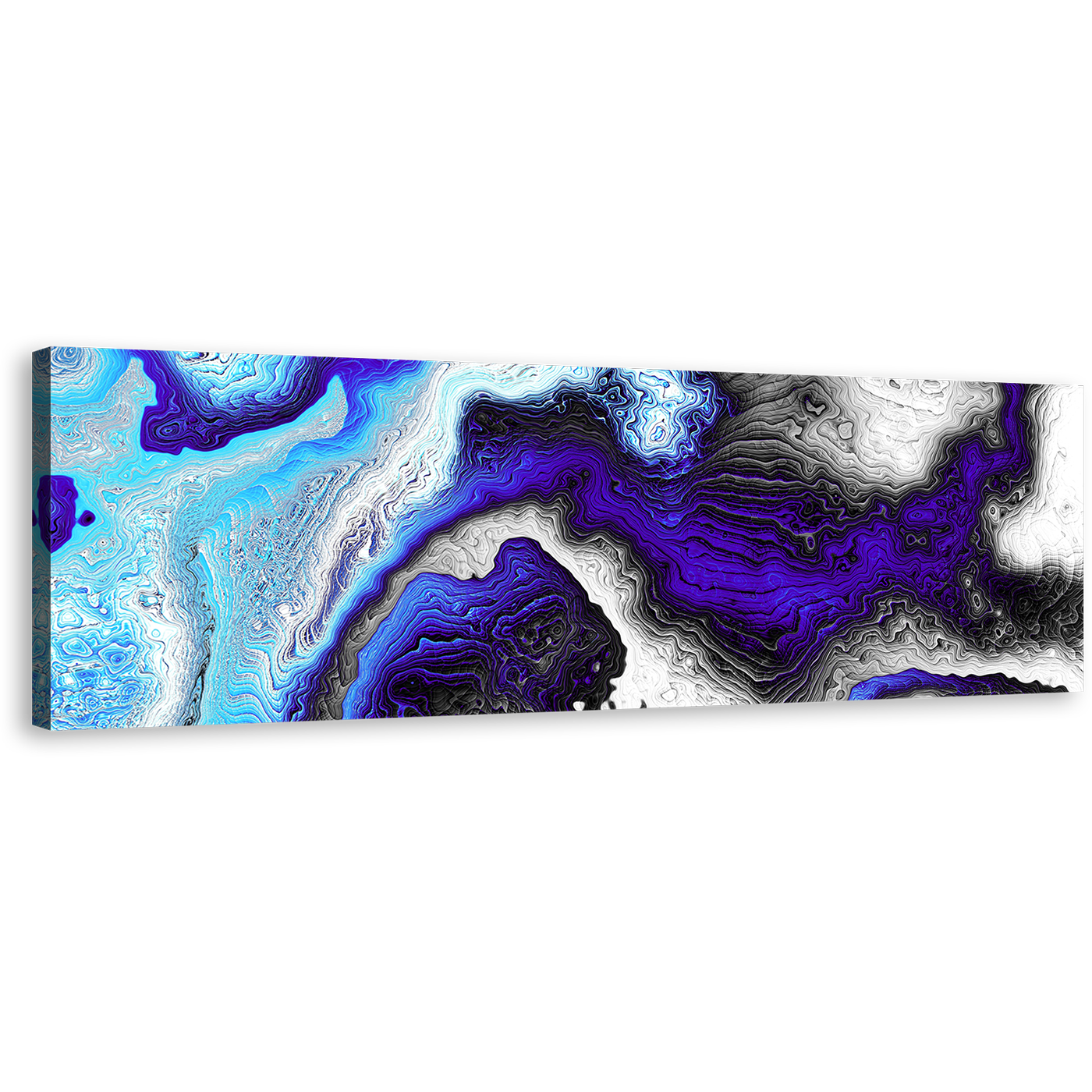 Abstract Liquid Canvas Print, Blue Modern Digital Fractal Pattern Panoramic Canvas Art, Black Abstraction Digital Wall Art