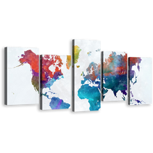 Load image into Gallery viewer, Abstract Map Canvas Wall Art, Colorful World Map Digital Painting 5 Piece Canvas Print, White Global Map Multiple Canvas
