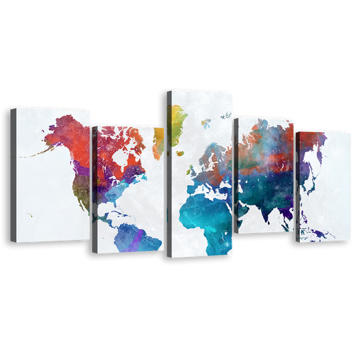 Abstract Map Canvas Wall Art, Colorful World Map Digital Painting 5 Piece Canvas Print, White Global Map Multiple Canvas