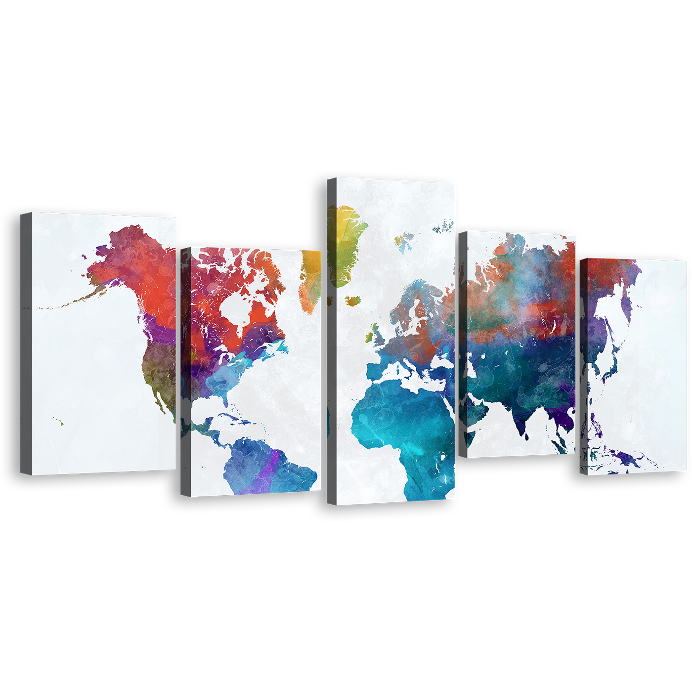 Abstract Map Canvas Wall Art, Colorful World Map Digital Painting 5 Piece Canvas Print, White Global Map Multiple Canvas