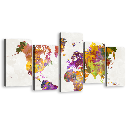 Abstract Map Canvas Wall Art, White Background Flat World Canvas Print, Colorful World Map 5 Piece Multiple Canvas