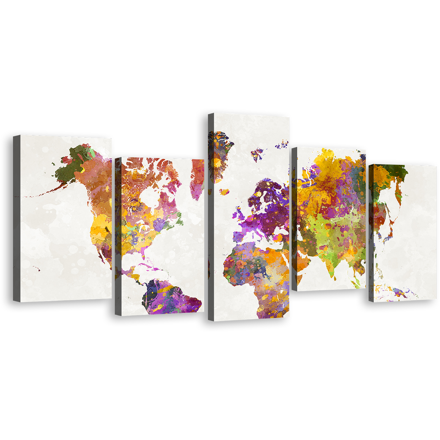 Abstract Map Canvas Wall Art, White Background Flat World Canvas Print, Colorful World Map 5 Piece Multiple Canvas