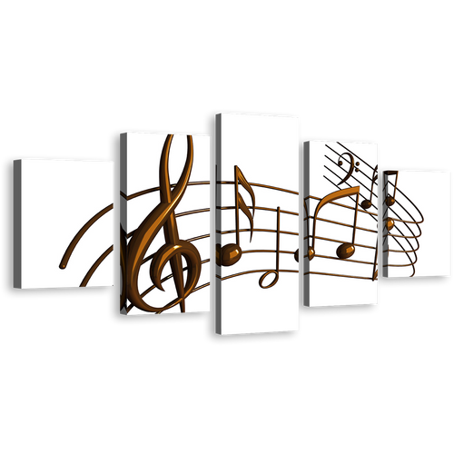 Abstract Music Canvas Wall Art, White Modern Isolated Music Notes 5 Piece Canvas, Brown 3d Curved Music Canvas Print