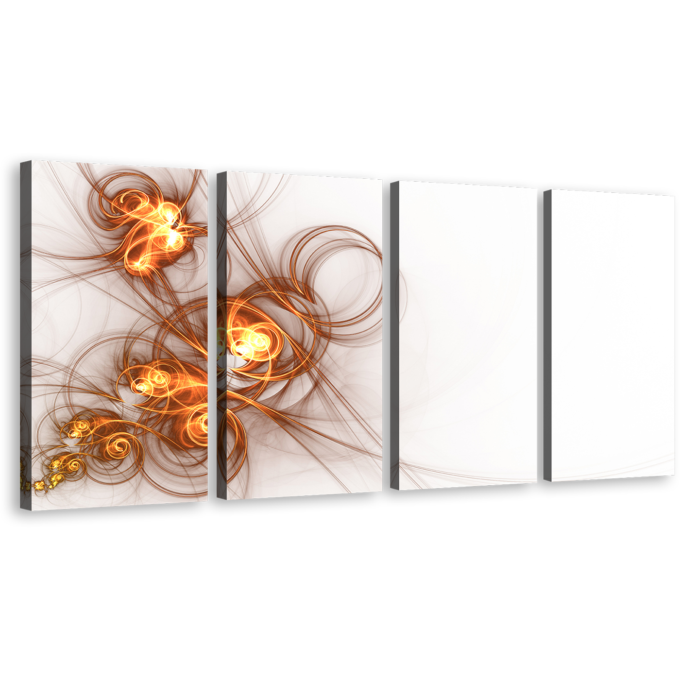 Abstract Patterns Canvas Print, Contemporary Yellow Abstract Fractal 4 Piece Canvas Wall Art, White Modern Abstract Multi Canvas Artwork