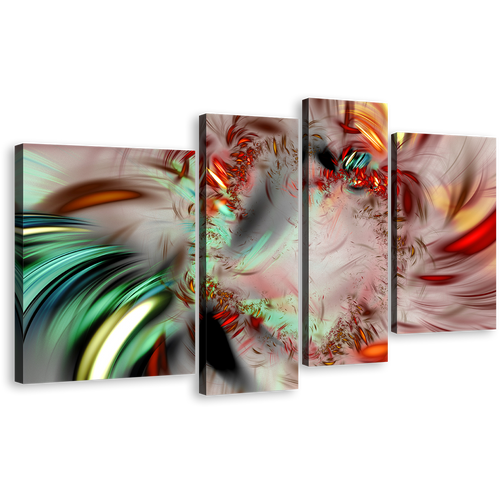 Abstract Patterns Canvas Print, Red Green Abstract Fractal 4 Piece Canvas Wall Art, Abstract Illustration Multiple Canvas