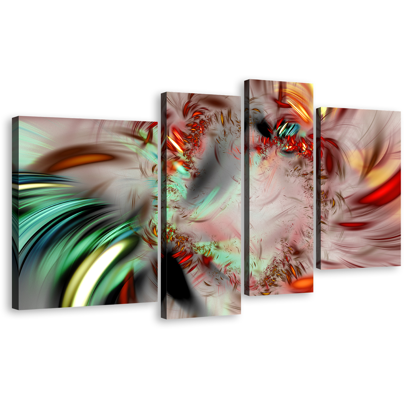 Abstract Patterns Canvas Print, Red Green Abstract Fractal 4 Piece Canvas Wall Art, Abstract Illustration Multiple Canvas