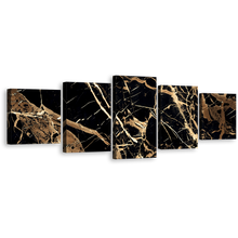 Load image into Gallery viewer, Abstract Patterns Canvas Wall Art, Abstract Black Background Gold Lines 5 Piece Multi Canvas, Contemporary Abstract Stone Canvas Print
