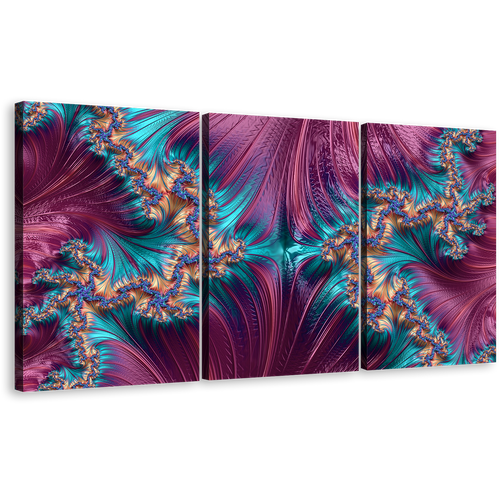 Abstract Patterns Canvas Wall Art, Abstract Digital Design Canvas Set, Blue Purple Abstract Fractal Shapes 3 Piece Canvas Print