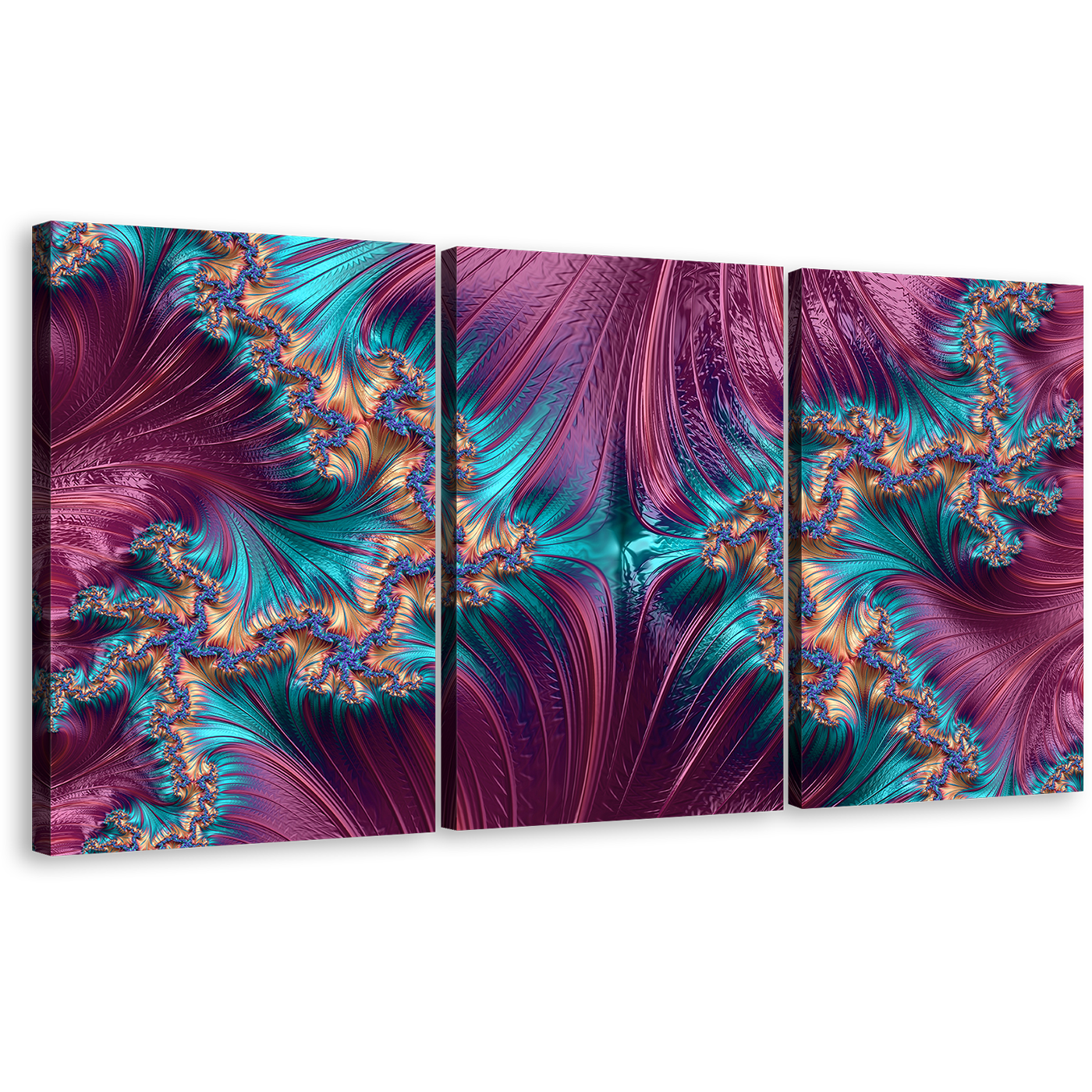 Abstract Patterns Canvas Wall Art, Abstract Digital Design Canvas Set, Blue Purple Abstract Fractal Shapes 3 Piece Canvas Print