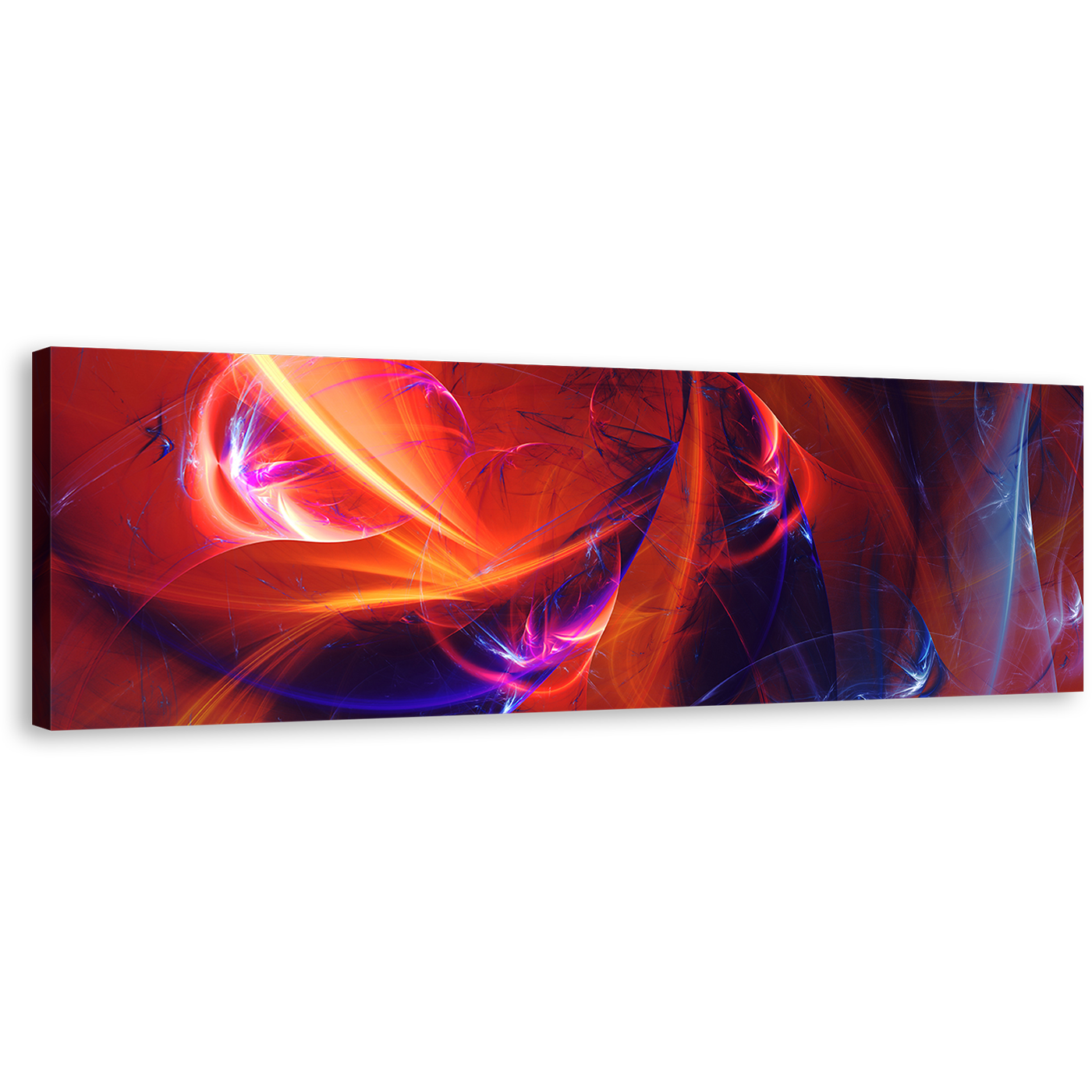 Abstract Patterns Canvas Wall Art, Blue Bright Abstract Glow Panoramic Canvas Print, Red Fractal Abstract Digital Artwork