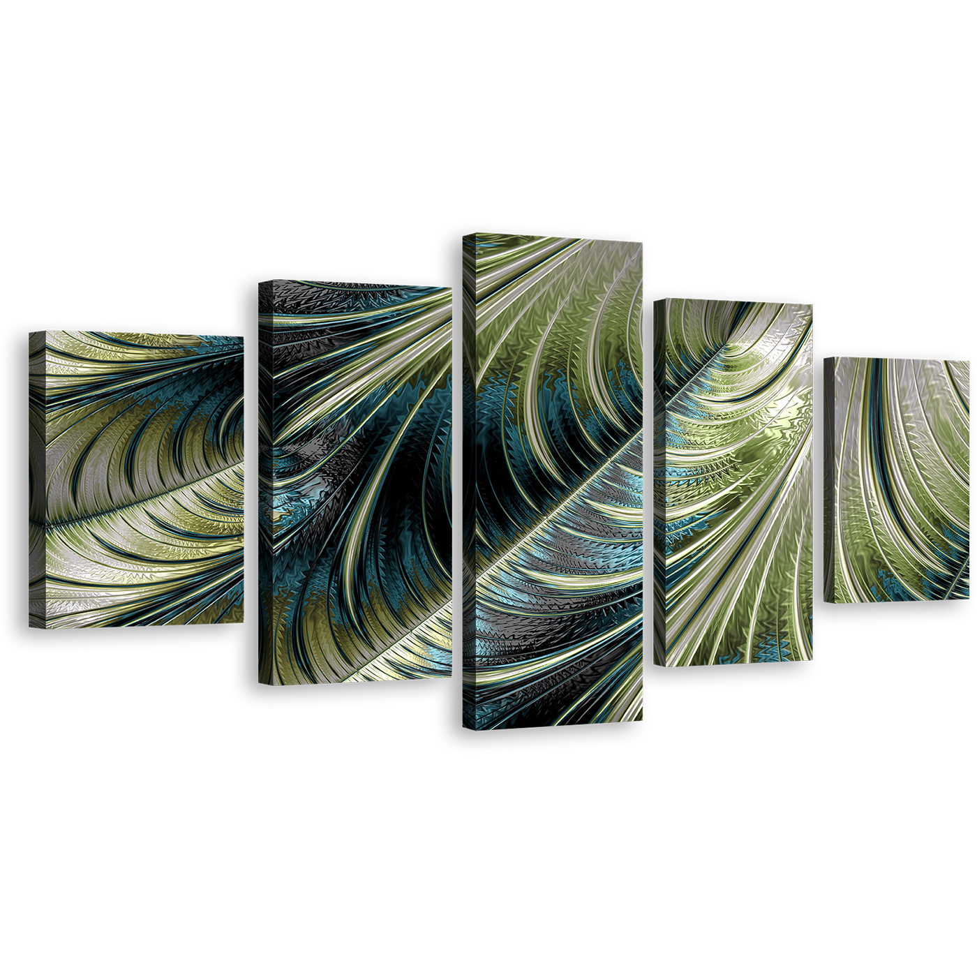 Abstract Patterns Canvas Wall Art, Blue Green Abstract Art Print, Abstract Fractal Canvas Print 5 Piece Multiple Canvas