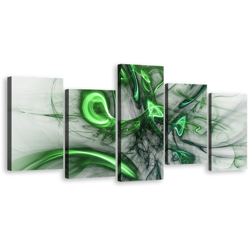 Abstract Patterns Canvas Wall Art, Green Bright Abstract Multiple Canvas, White Abstract Electric Fractals 5 Piece Canvas Print