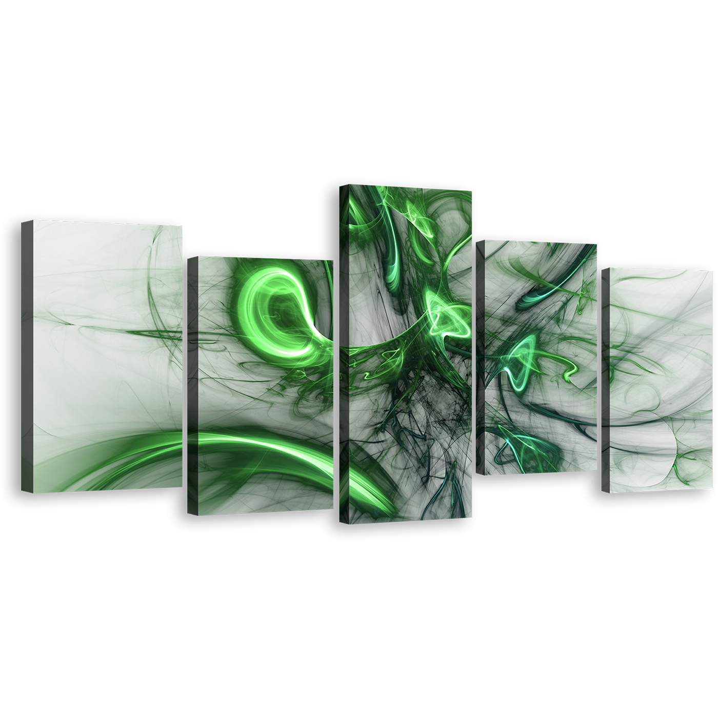 Abstract Patterns Canvas Wall Art, Green Bright Abstract Multiple Canvas, White Abstract Electric Fractals 5 Piece Canvas Print