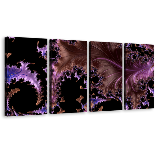 Abstract Patterns Canvas Wall Art, Purple Abstract Fractal Multiple Canvas, Black Modern Abstract High Resolution 4 Piece Canvas Print