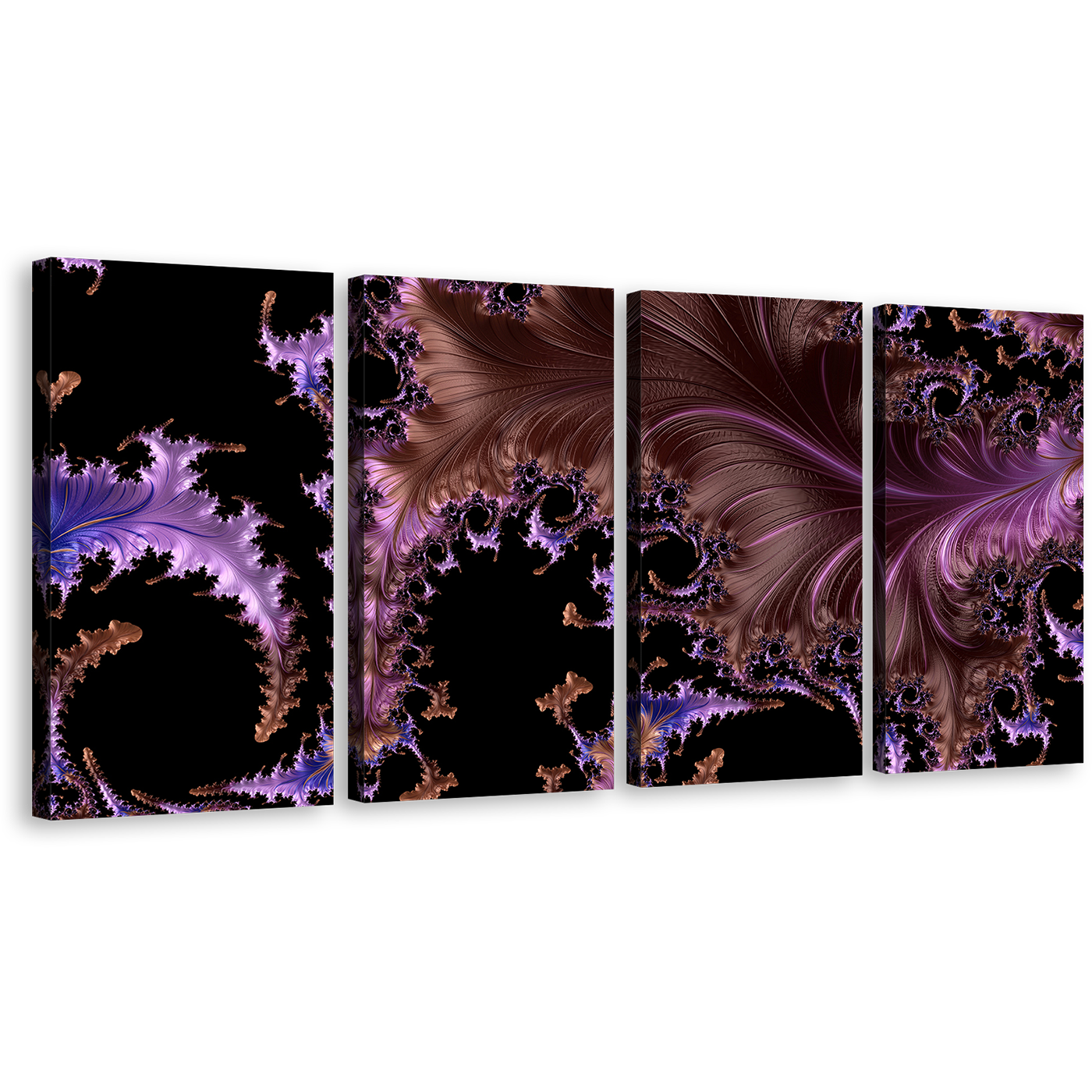 Abstract Patterns Canvas Wall Art, Purple Abstract Fractal Multiple Canvas, Black Modern Abstract High Resolution 4 Piece Canvas Print