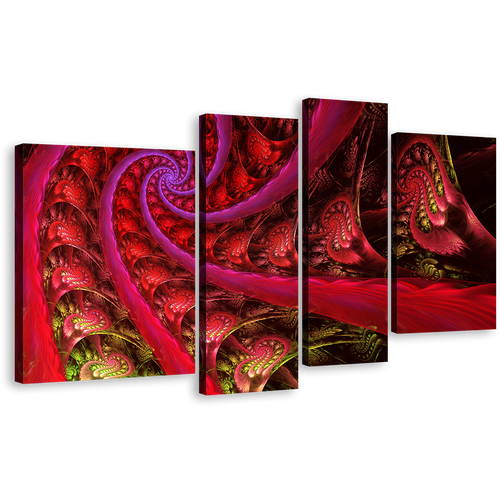 Abstract Rendering Canvas Wall Art, Blue Sacred Geometry 4 Piece Canvas Set, Red Spiral Fractal Multi Canvas Artwork