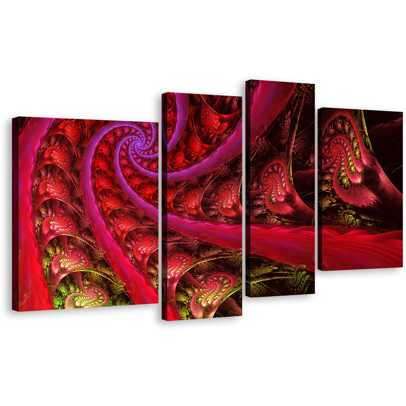 Abstract Rendering Canvas Wall Art, Blue Sacred Geometry 4 Piece Canvas Set, Red Spiral Fractal Multi Canvas Artwork