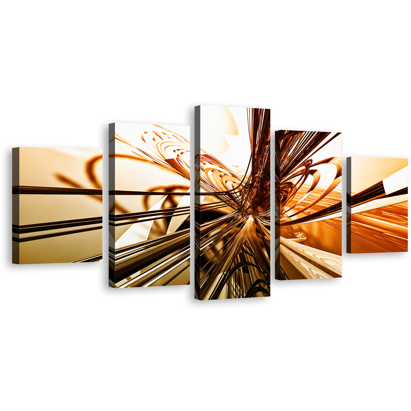 Abstract Shapes Canvas Print, Radiant Copper Surge Pentaptych Orange Yellow 3D Modern 5 Piece Canvas Wall Art