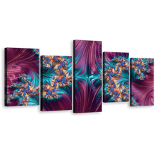 Load image into Gallery viewer, Abstract Shapes Canvas Wall Art, Abstract Fractal Patterns 5 Piece Canvas, Purple Abstract Digital Design Multi Canvas, Blue Abstract Artwork Digital Print
