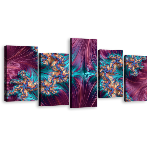 Abstract Shapes Canvas Wall Art, Abstract Fractal Patterns 5 Piece Canvas, Purple Abstract Digital Design Multi Canvas, Blue Abstract Artwork Digital Print