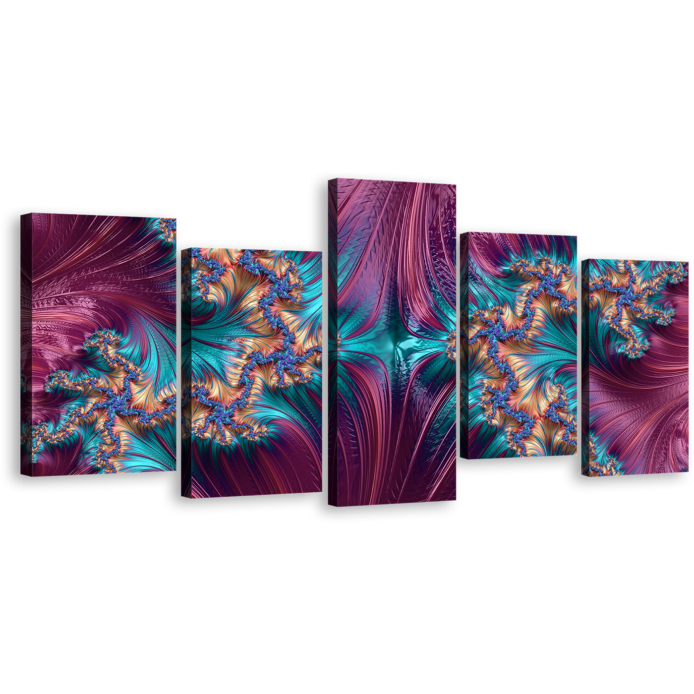 Abstract Shapes Canvas Wall Art, Abstract Fractal Patterns 5 Piece Canvas, Purple Abstract Digital Design Multi Canvas, Blue Abstract Artwork Digital Print