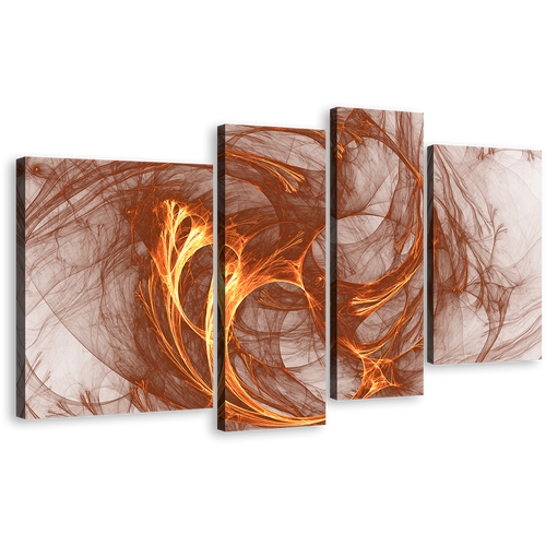 Abstract Shapes Canvas Wall Art, Brown Abstract Fractal 4 Piece Canvas, White Elegant Abstract Canvas Print