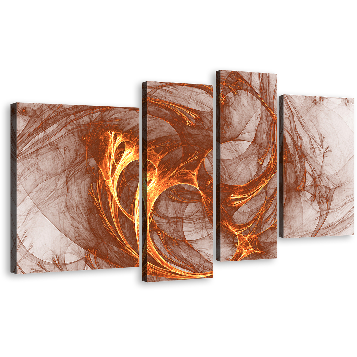 Abstract Shapes Canvas Wall Art, Brown Abstract Fractal 4 Piece Canvas, White Elegant Abstract Canvas Print