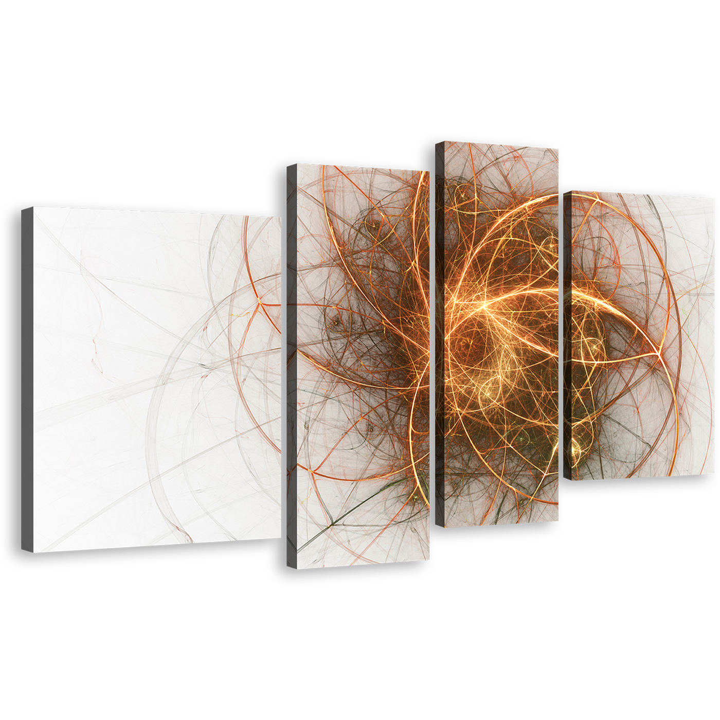 Abstract Shapes Canvas Wall Art, Gold Abstract Fractal Circles Canvas Print, Beautiful Yellow White Modern Abstract 4 Piece Multiple Canvas