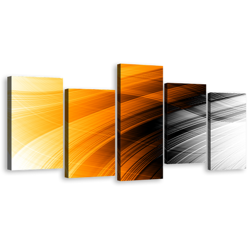 Abstract Strip Canvas Print, Orange Black Elegant Abstract Pattern 5 Piece Canvas Wall Art, Fancy Abstract Canvas Set