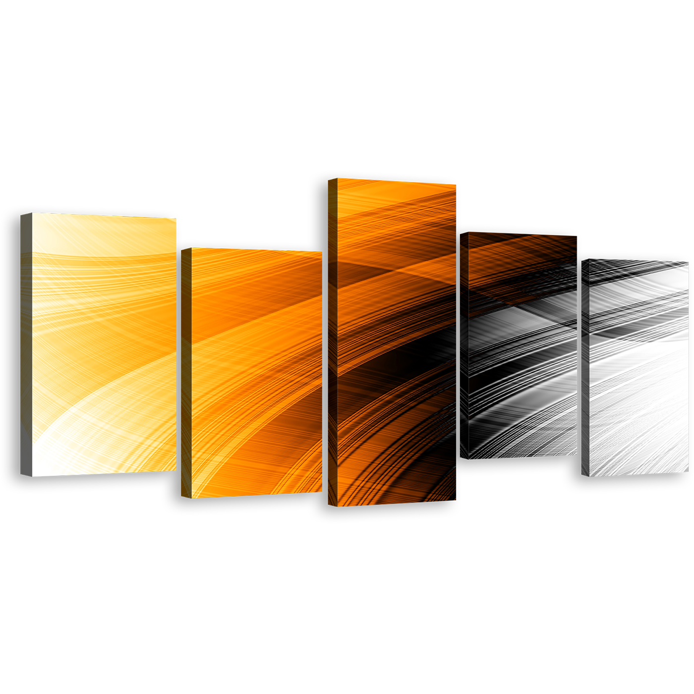 Abstract Strip Canvas Print, Orange Black Elegant Abstract Pattern 5 Piece Canvas Wall Art, Fancy Abstract Canvas Set