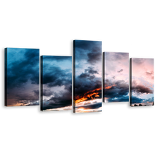 Load image into Gallery viewer, Abstract Sunset Canvas Print, Sky Symphony Orange Grey Dramatic Clouds Skyline 5 Piece Multiple Canvas
