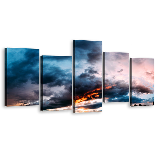 Abstract Sunset Canvas Print, Sky Symphony Orange Grey Dramatic Clouds Skyline 5 Piece Multiple Canvas