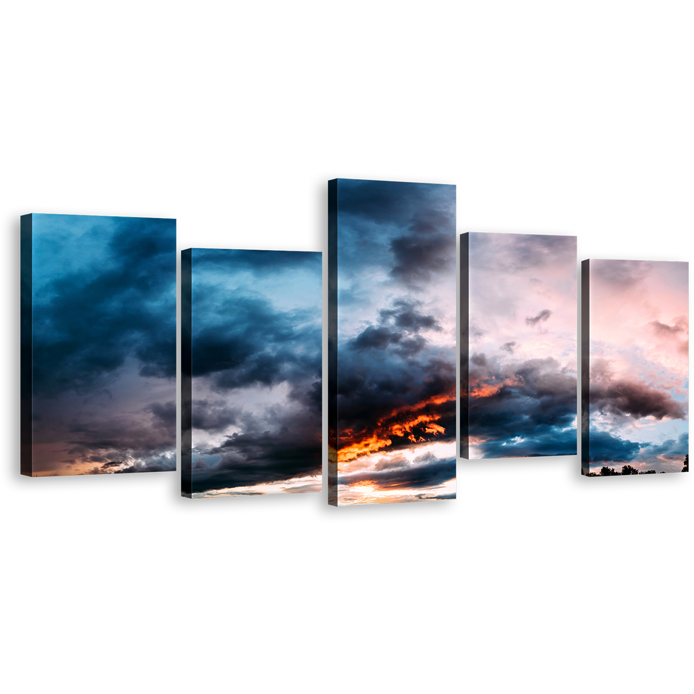 Abstract Sunset Canvas Print, Sky Symphony Orange Grey Dramatic Clouds Skyline 5 Piece Multiple Canvas