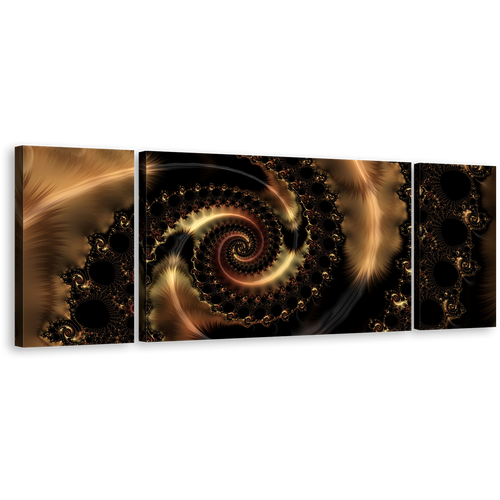 Abstract Swirl Canvas Print, Brown Abstract Fractals 3 Piece Canvas Set, Black Elegant Abstract Triptych Canvas Wall Art