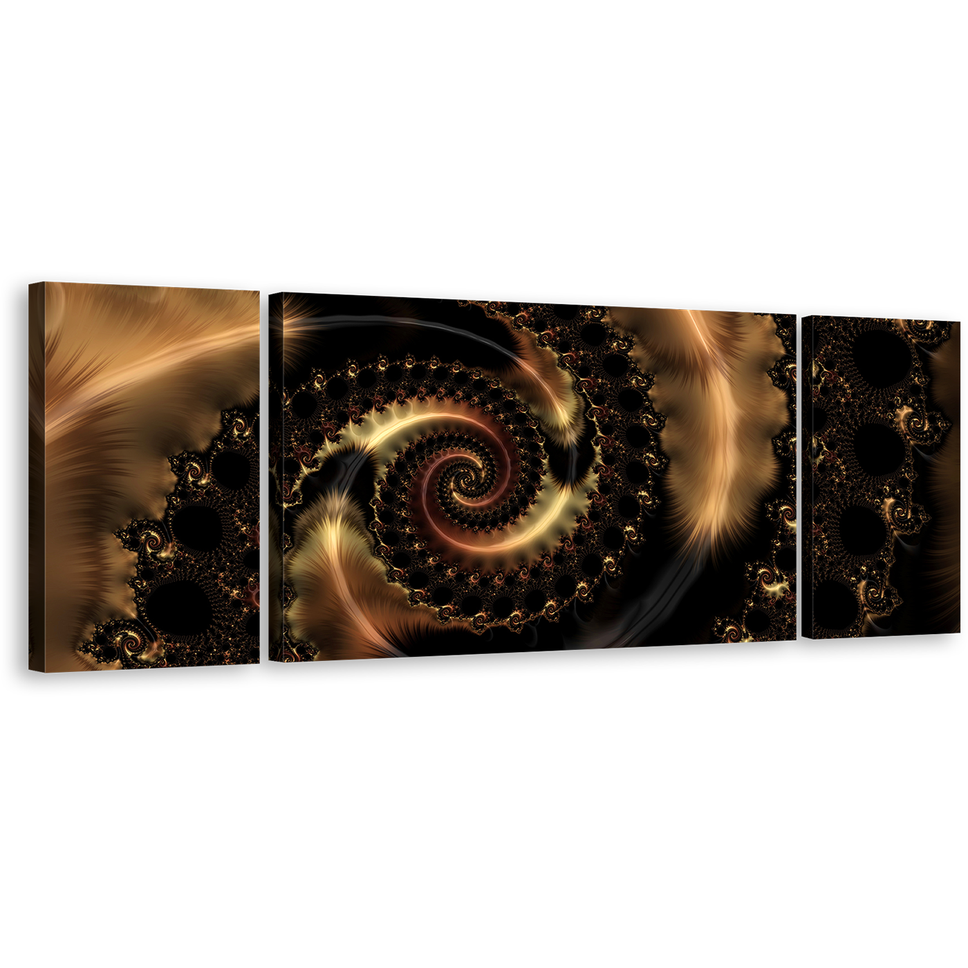 Abstract Swirl Canvas Print, Brown Abstract Fractals 3 Piece Canvas Set, Black Elegant Abstract Triptych Canvas Wall Art