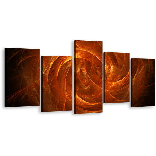 Abstract Swirl Canvas Print, Orange Abstract Geometric Energy 5 Piece Canvas, Brown Cosmic Energy Canvas Set