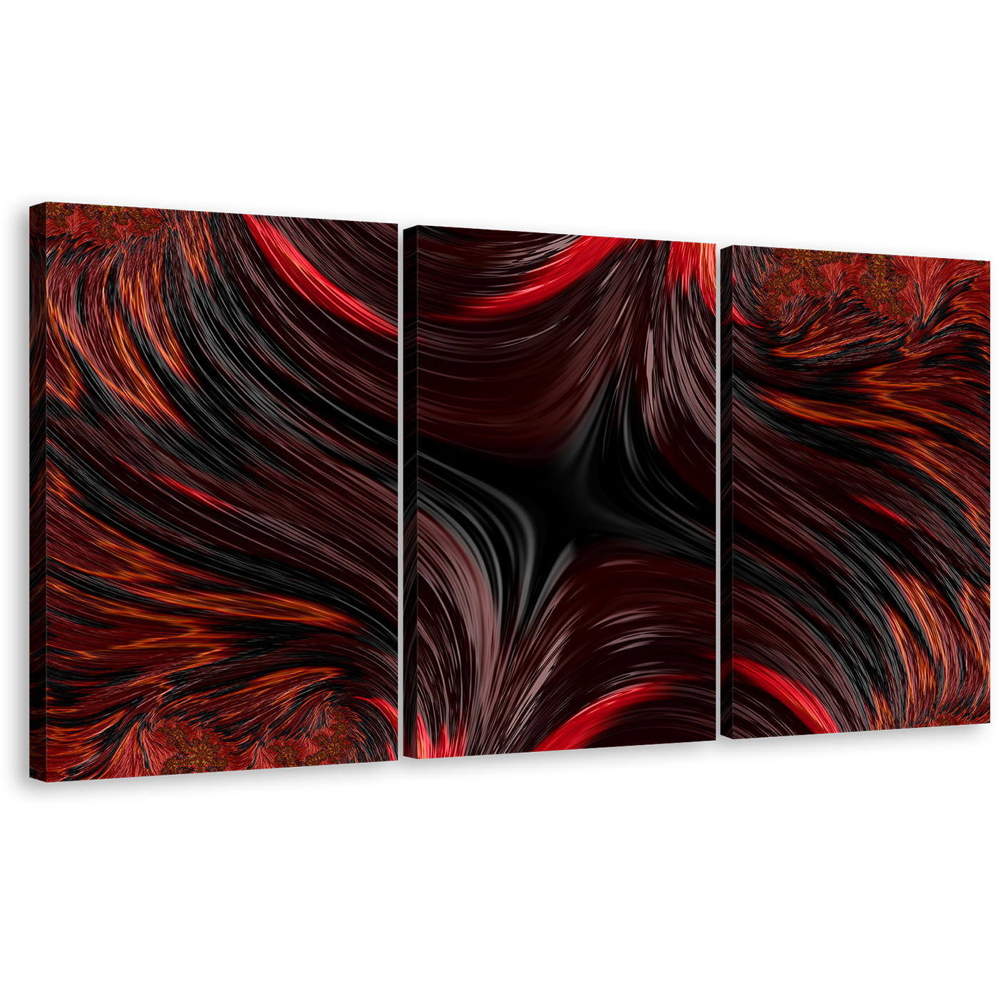 Abstract Texture Canvas Print, Red Abstract Fractal Patterns 3 Piece Canvas Wall Art, Black Abstract Design Triptych Canvas Set