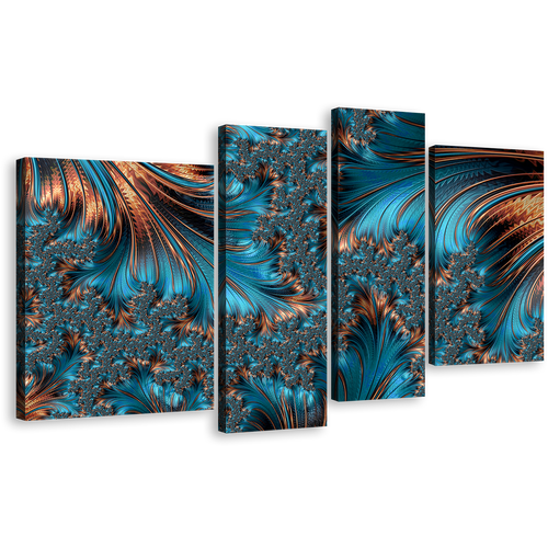 Abstract Texture Canvas Wall Art, Brown Elegant Abstract Fractal 4 Piece Canvas Print, Blue Abstract Multiple Canvas