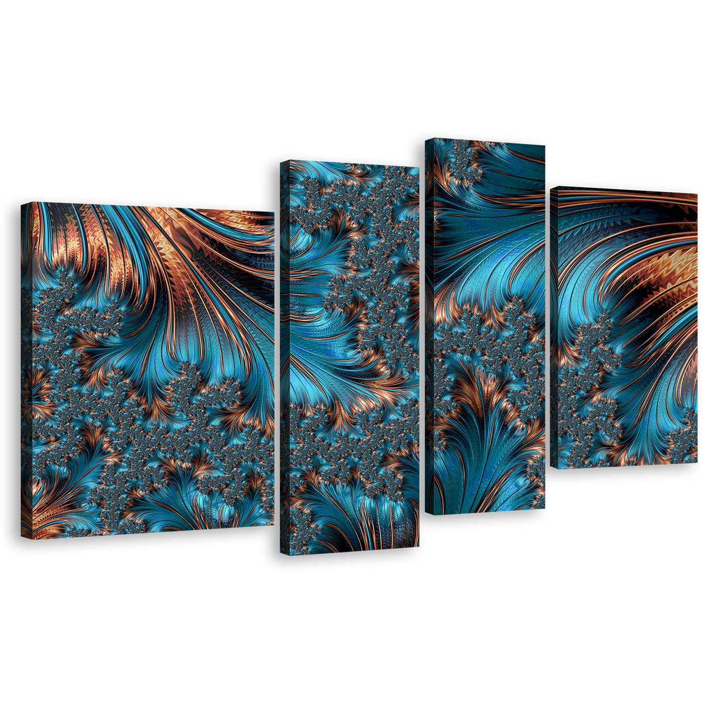 Abstract Texture Canvas Wall Art, Brown Elegant Abstract Fractal 4 Piece Canvas Print, Blue Abstract Multiple Canvas