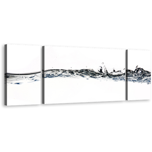 Abstract Water Canvas Print, Water Splashing Digital Artwork, White Grey Abstract Water Splash 3 Piece Canvas Wall Art