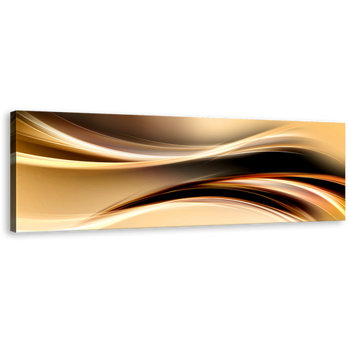 Abstract Waves Canvas Wall Art, Gold Yellow Abstract Curvy Waves Canvas Print, Black Abstract Digital Illustration Panoramic Canvas